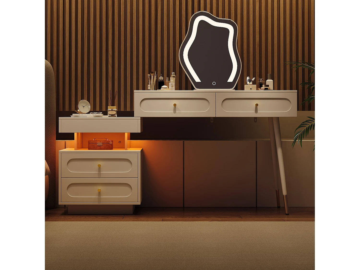 URBAN MEUBLE Coiffeuse modulable blanche avec miroir LED, 4 tiroirs et chevet lumineuse (sans tabouret)