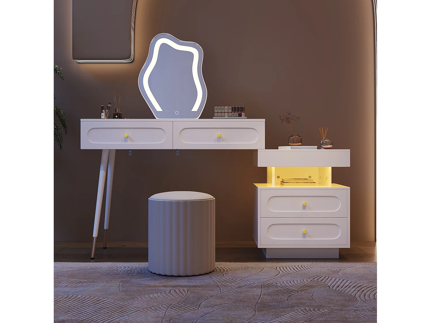 URBAN MEUBLE Coiffeuse modulable blanche avec miroir LED, 4 tiroirs et chevet lumineuse (sans tabouret)