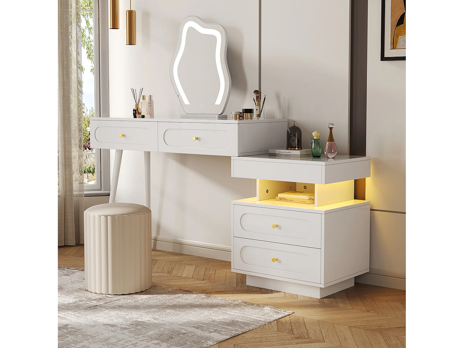 URBAN MEUBLE Coiffeuse modulable blanche avec miroir LED, 4 tiroirs et chevet lumineuse (sans tabouret)