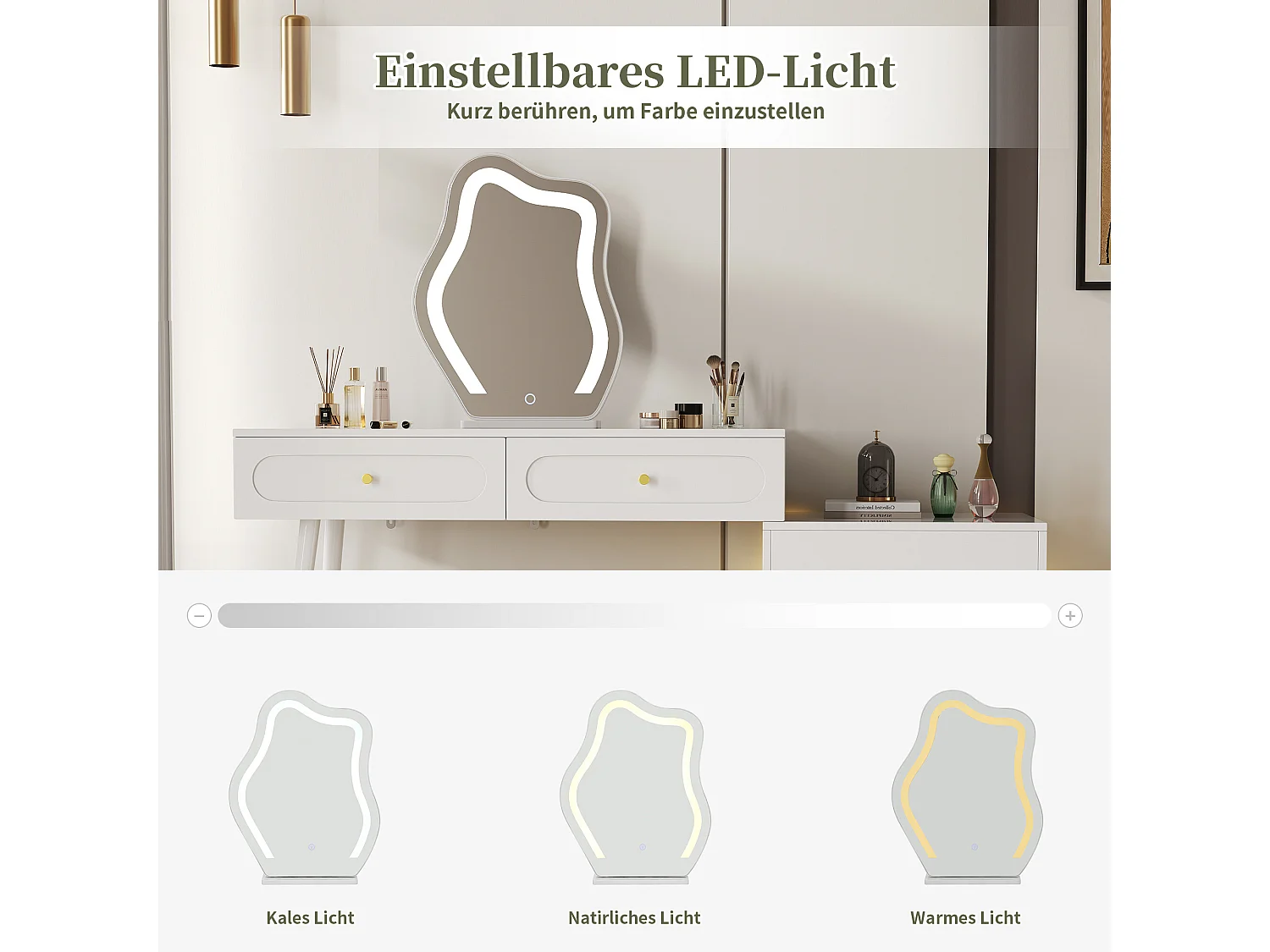 URBAN MEUBLE Coiffeuse modulable blanche avec miroir LED, 4 tiroirs et chevet lumineuse (sans tabouret)