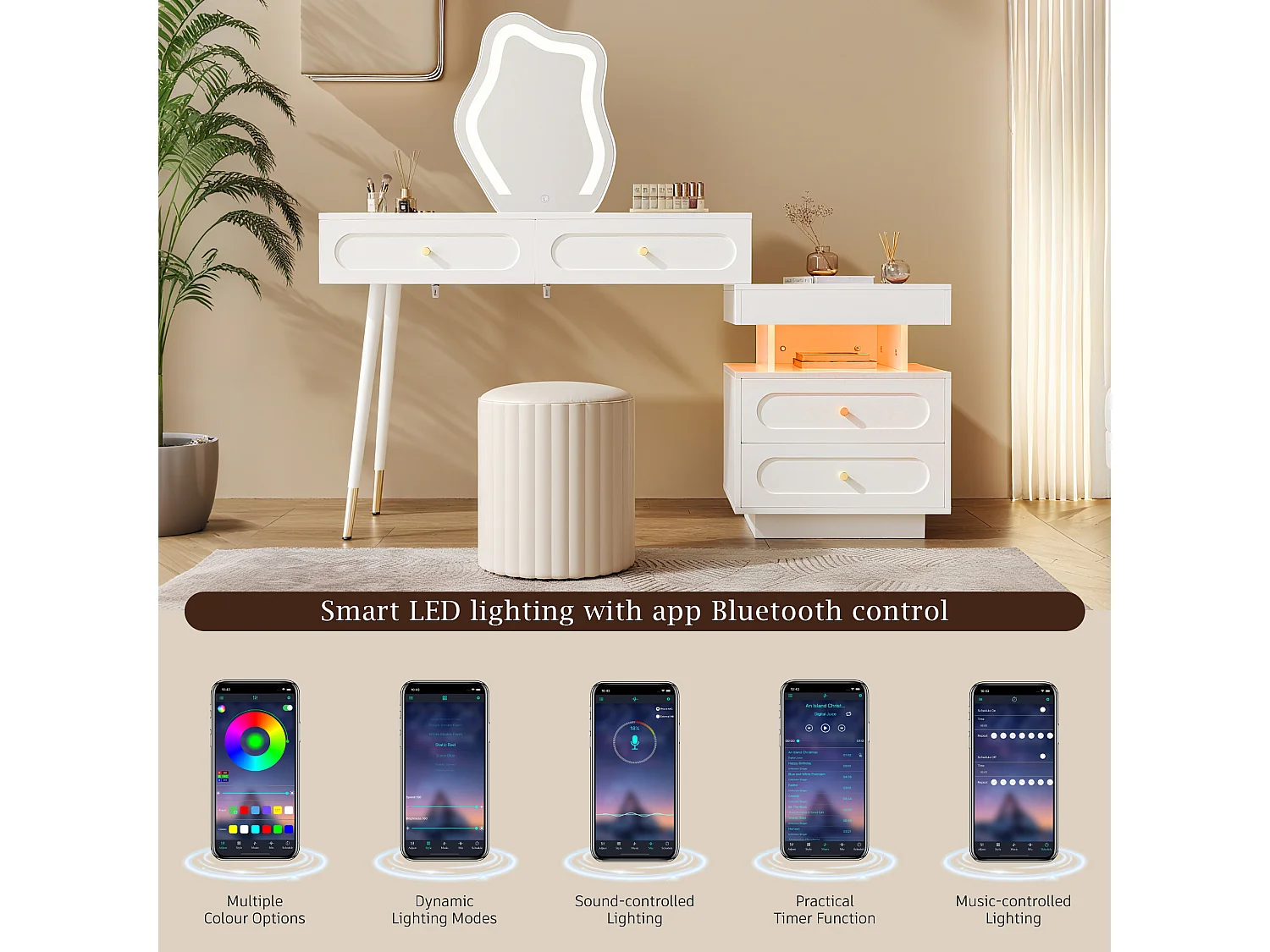 URBAN MEUBLE Coiffeuse modulable blanche avec miroir LED, 4 tiroirs et chevet lumineuse (sans tabouret)