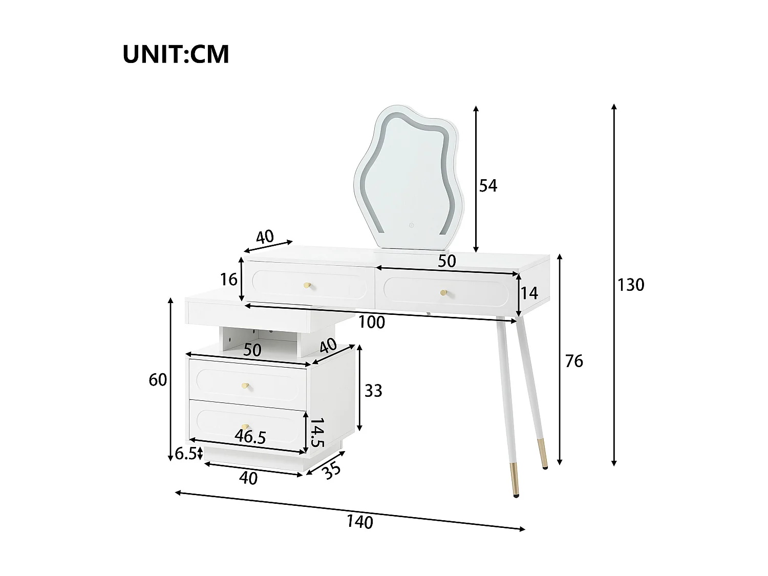 URBAN MEUBLE Coiffeuse modulable blanche avec miroir LED, 4 tiroirs et chevet lumineuse (sans tabouret)