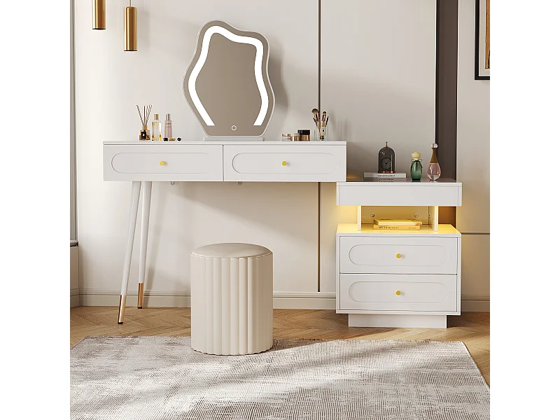 URBAN MEUBLE Coiffeuse modulable blanche avec miroir LED, 4 tiroirs et chevet lumineuse (sans tabouret)