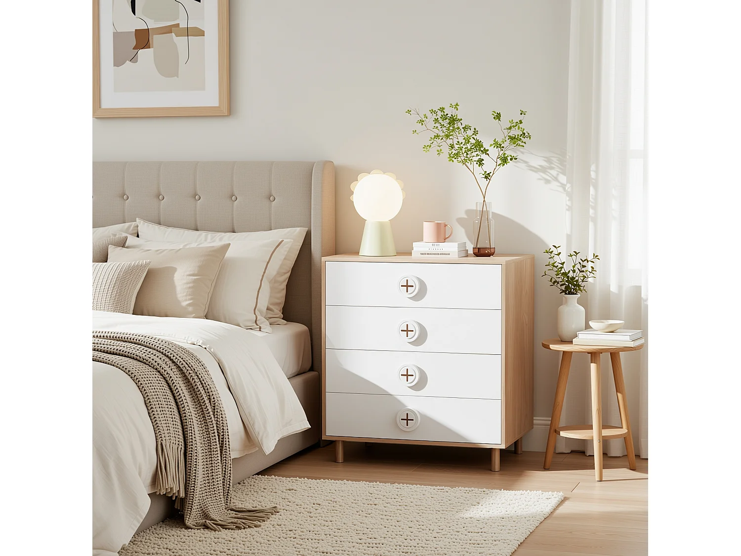 URBAN MEUBLE Commode 4 tiroirs bicolore blanc effet bois poignées décoratives