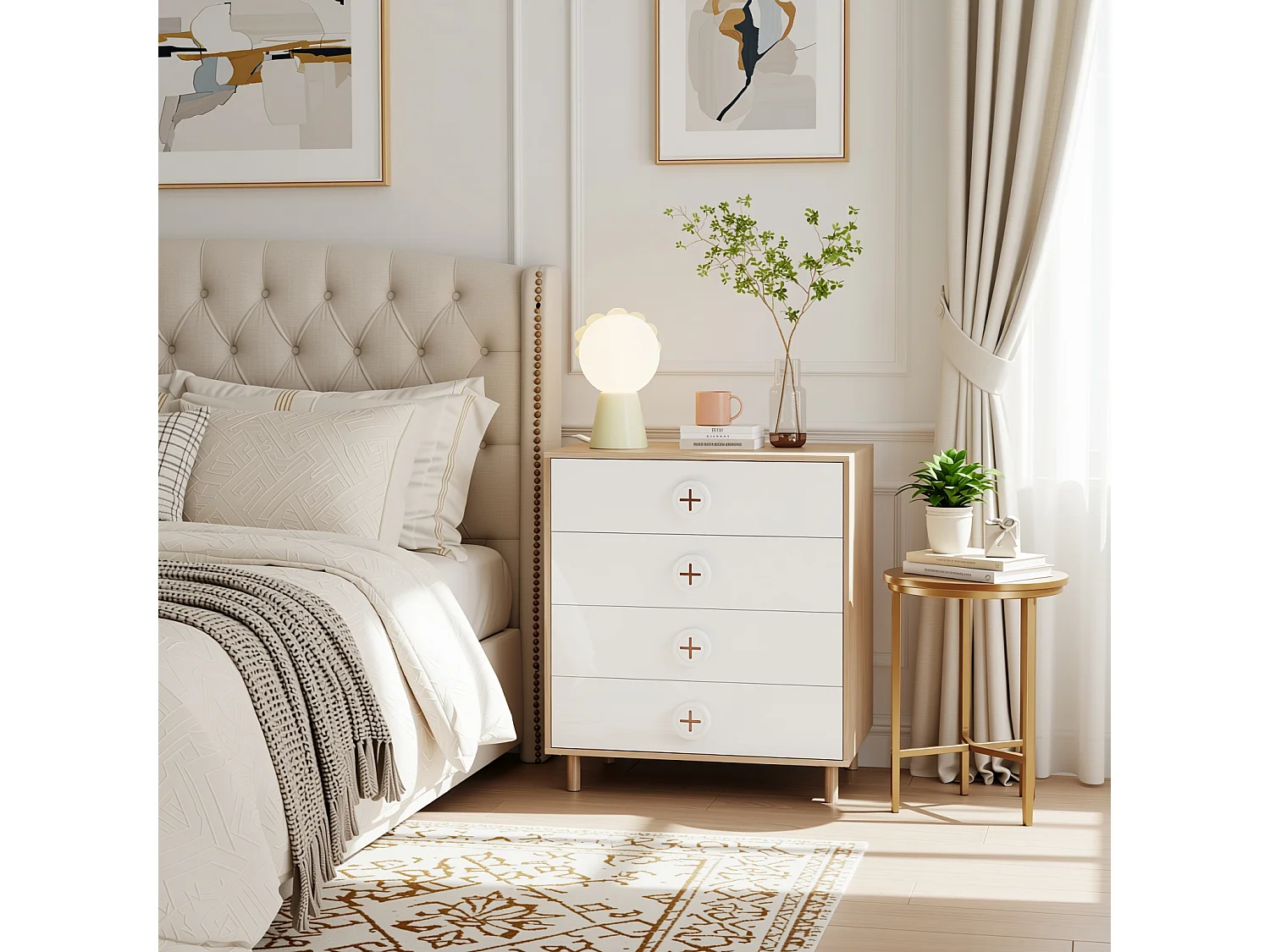 URBAN MEUBLE Commode 4 tiroirs bicolore blanc effet bois poignées décoratives