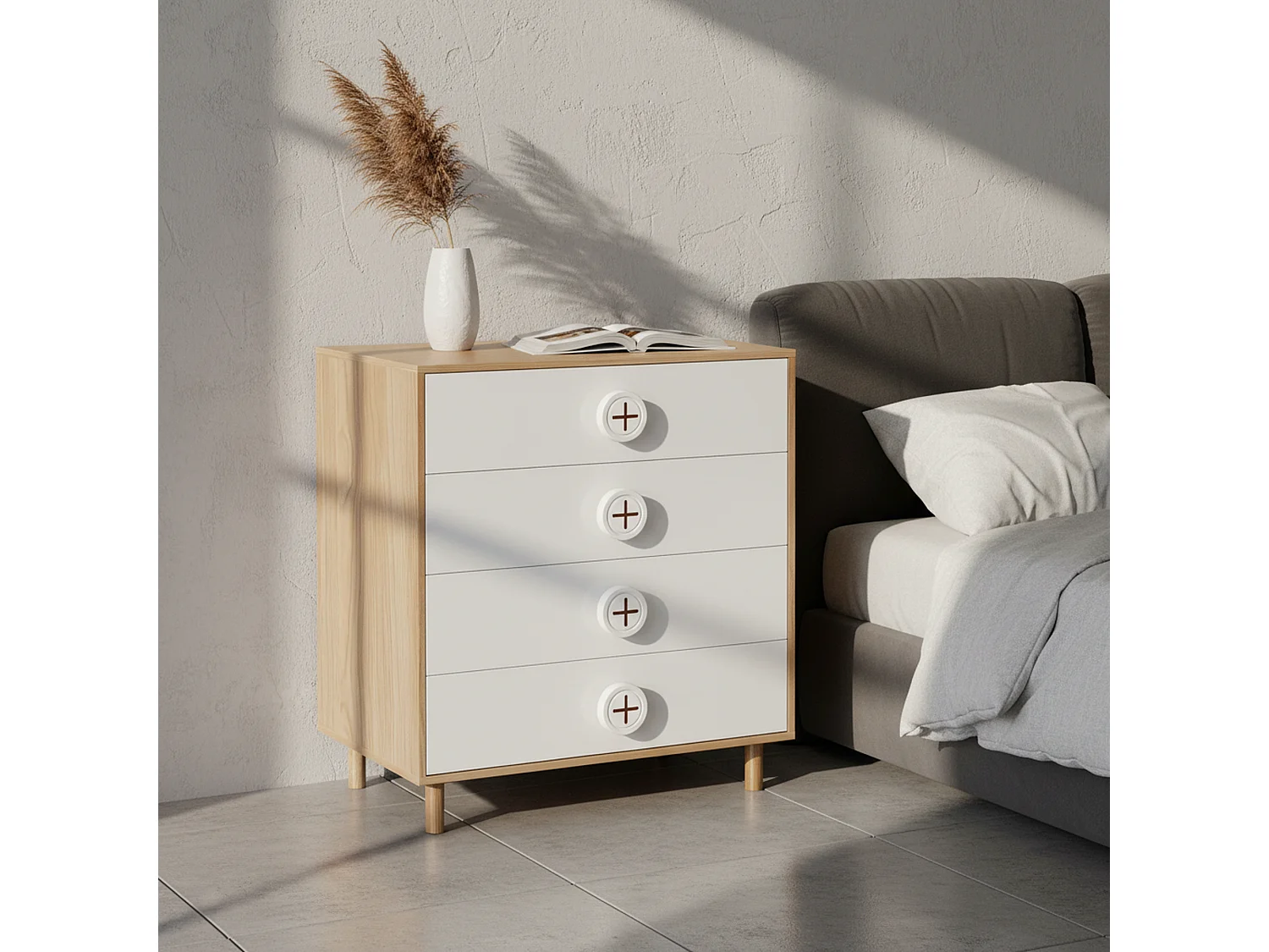 URBAN MEUBLE Commode 4 tiroirs bicolore blanc effet bois poignées décoratives