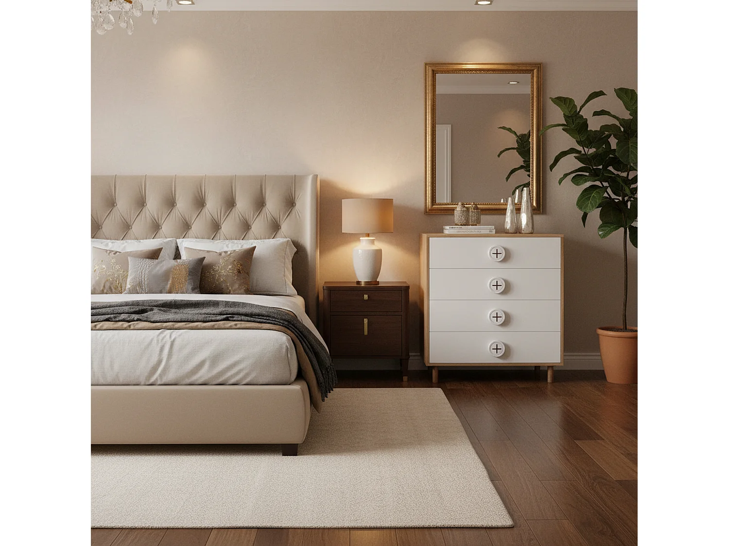 URBAN MEUBLE Commode 4 tiroirs bicolore blanc effet bois poignées décoratives