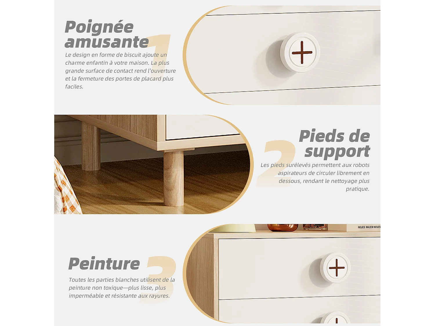 URBAN MEUBLE Commode 4 tiroirs bicolore blanc effet bois poignées décoratives