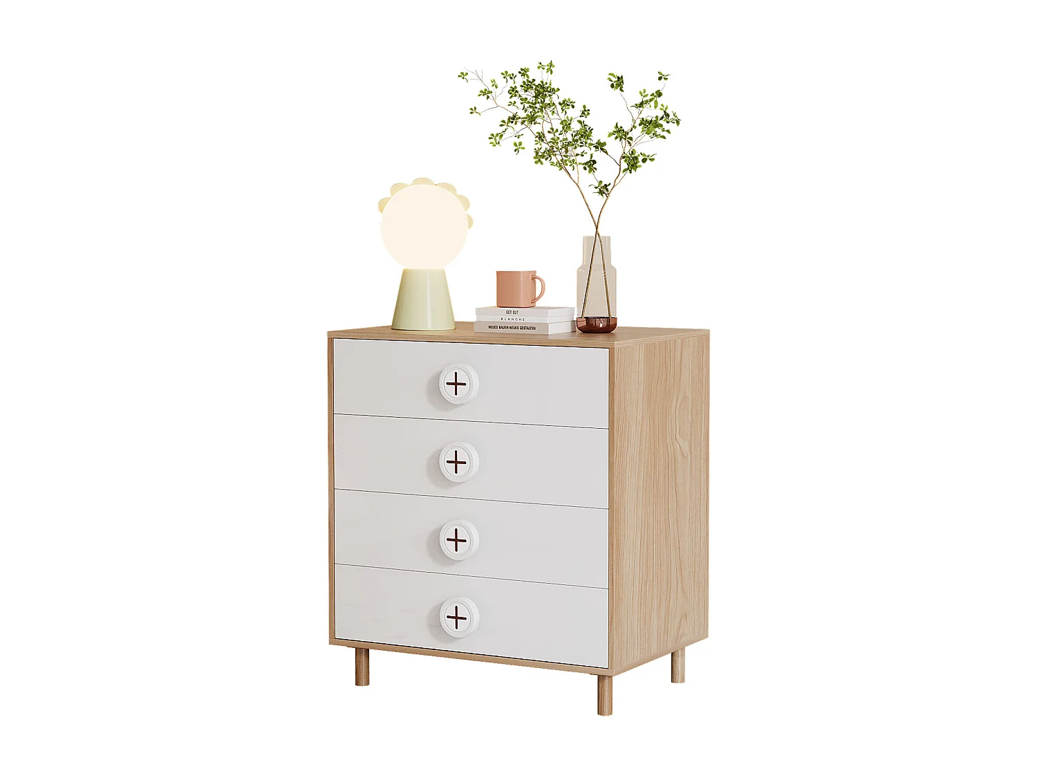 URBAN MEUBLE Commode 4 tiroirs bicolore blanc effet bois poignées décoratives