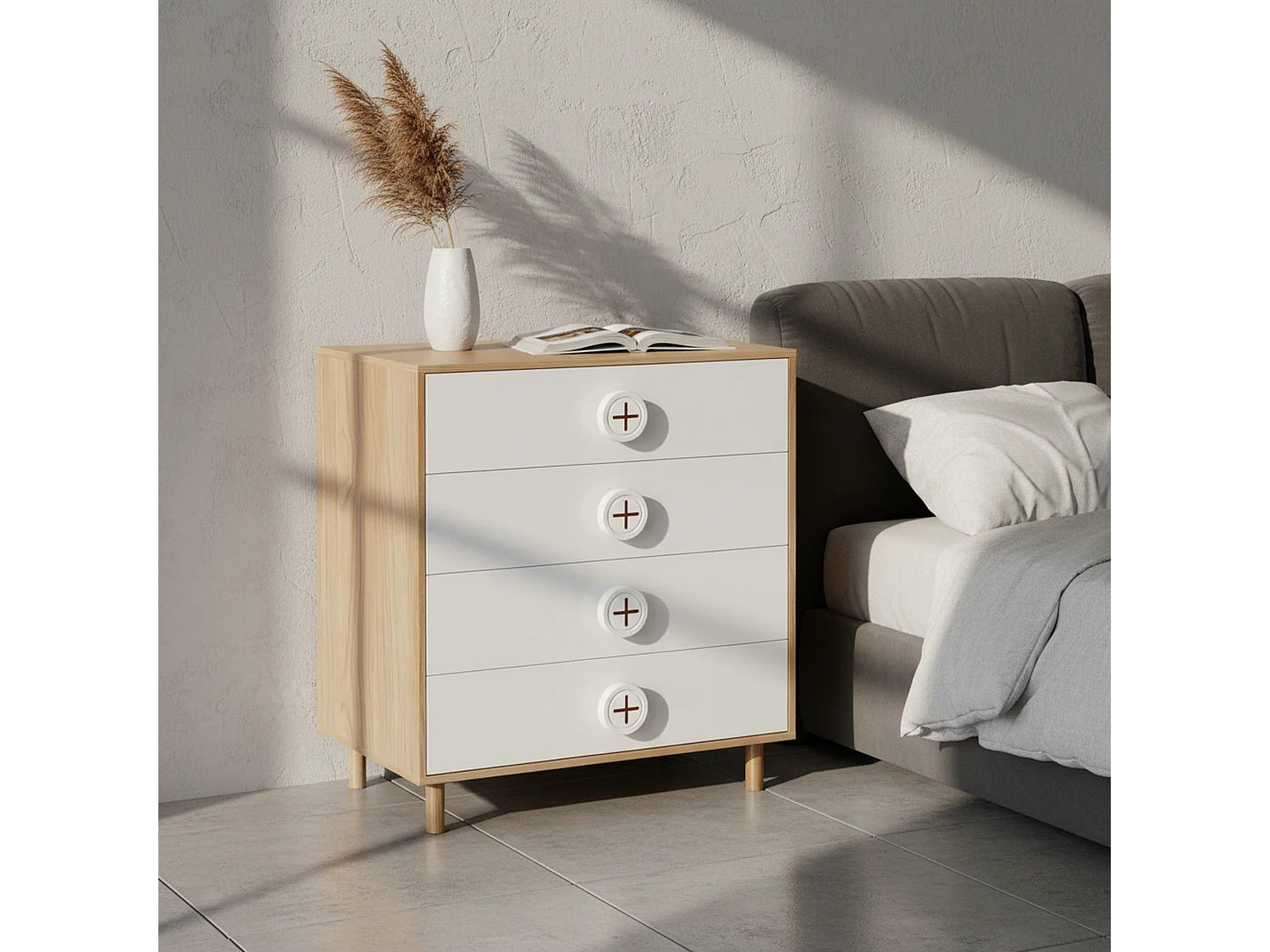 URBAN MEUBLE Commode 4 tiroirs bicolore blanc effet bois poignées décoratives