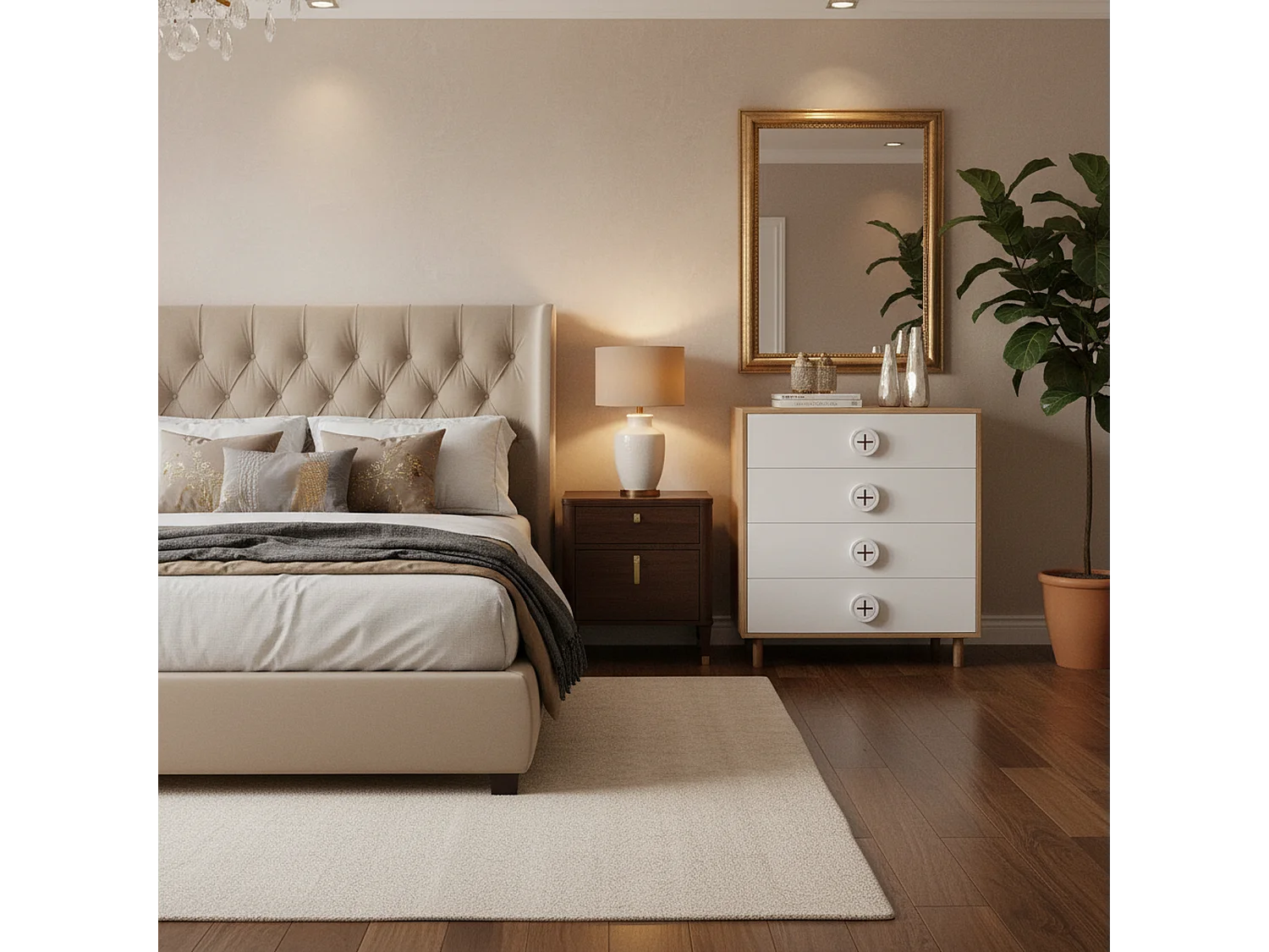 URBAN MEUBLE Commode 4 tiroirs bicolore blanc effet bois poignées décoratives