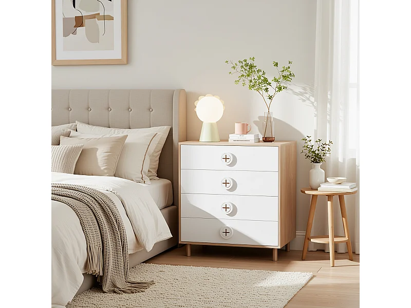 URBAN MEUBLE Commode 4 tiroirs bicolore blanc effet bois poignées décoratives