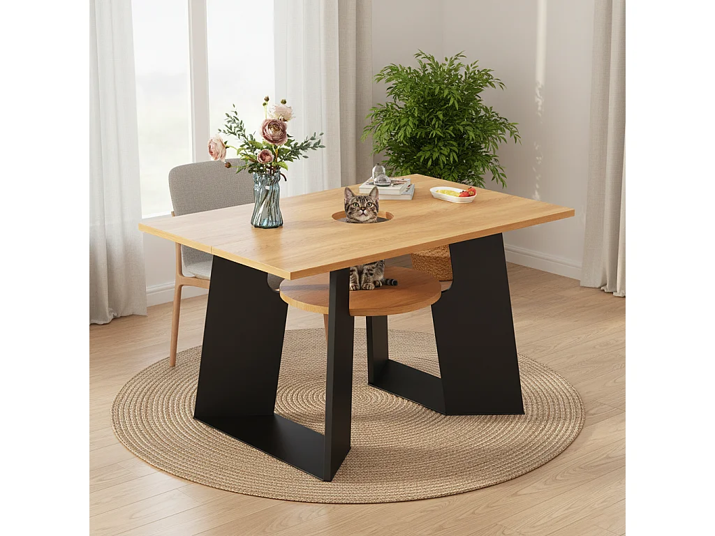 URBAN MEUBLE Table de salle à manger rectangulaire effet chêne clair conviviale pour animaux de compagnie et étagère centrale 130×85×75cm