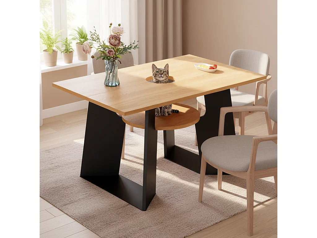 URBAN MEUBLE Table de salle à manger rectangulaire effet chêne clair conviviale pour animaux de compagnie et étagère centrale 130×85×75cm