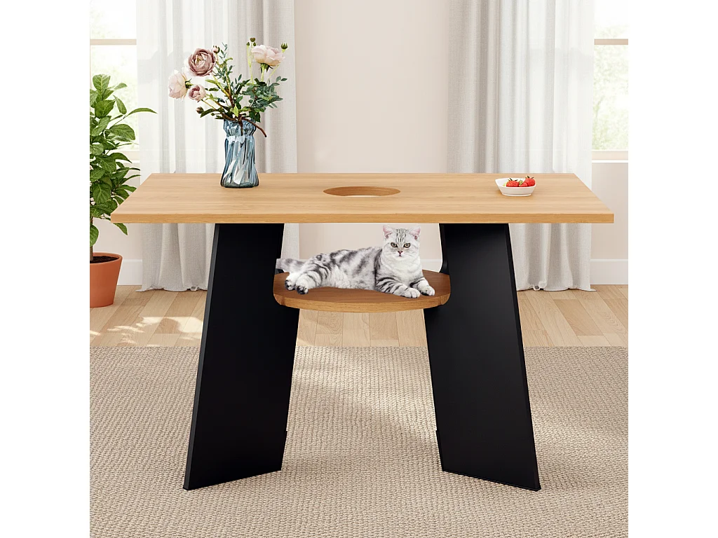 URBAN MEUBLE Table de salle à manger rectangulaire effet chêne clair conviviale pour animaux de compagnie et étagère centrale 130×85×75cm