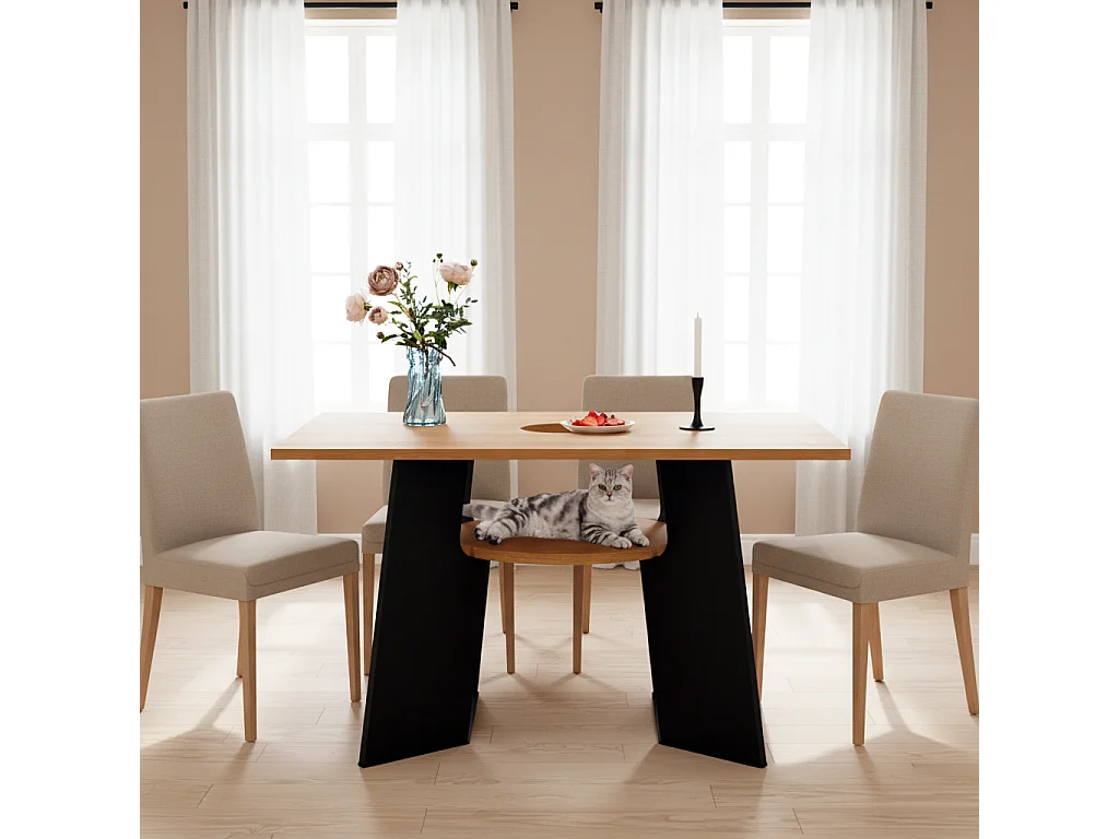 URBAN MEUBLE Table de salle à manger rectangulaire effet chêne clair conviviale pour animaux de compagnie et étagère centrale 130×85×75cm