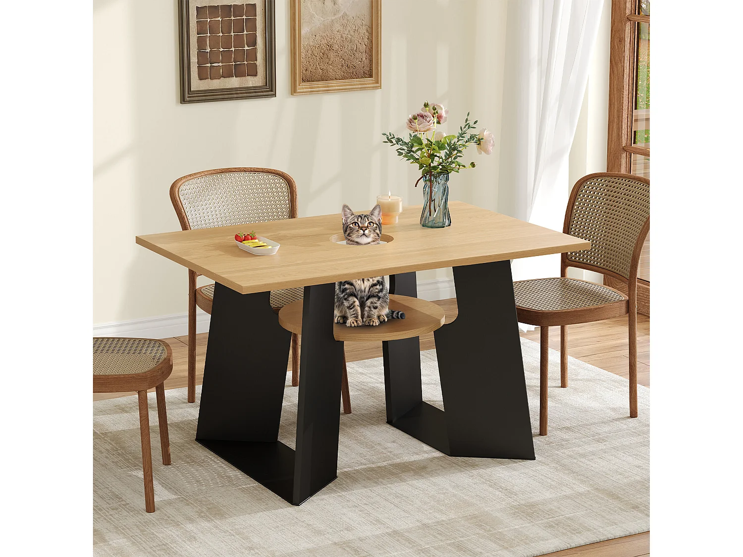URBAN MEUBLE Table de salle à manger rectangulaire effet chêne clair conviviale pour animaux de compagnie et étagère centrale 130×85×75cm