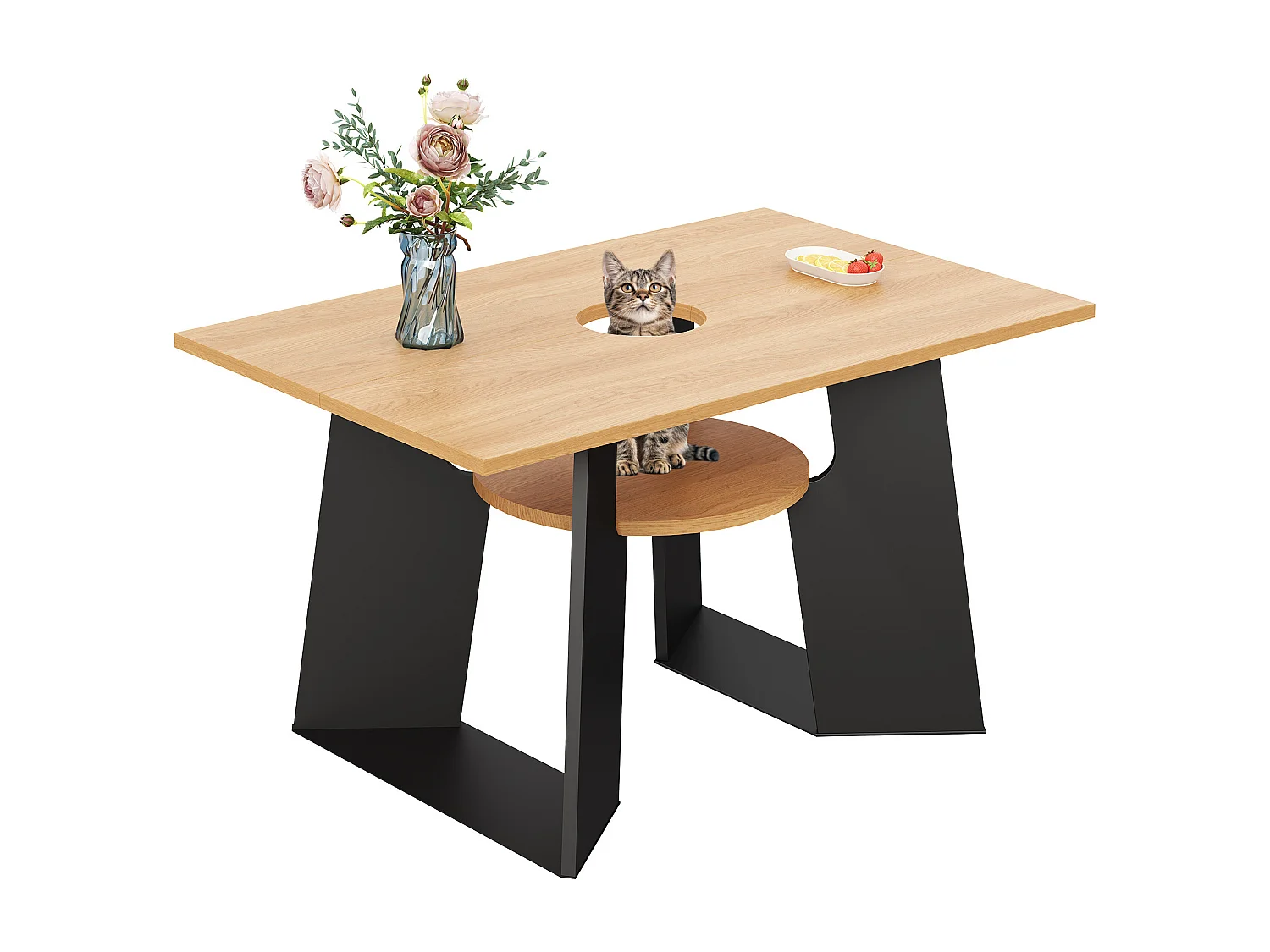 URBAN MEUBLE Table de salle à manger rectangulaire effet chêne clair conviviale pour animaux de compagnie et étagère centrale 130×85×75cm