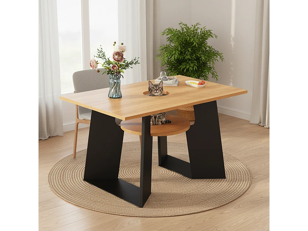 URBAN MEUBLE Table de salle à manger rectangulaire effet chêne clair conviviale pour animaux de compagnie et étagère centrale 130×85×75cm