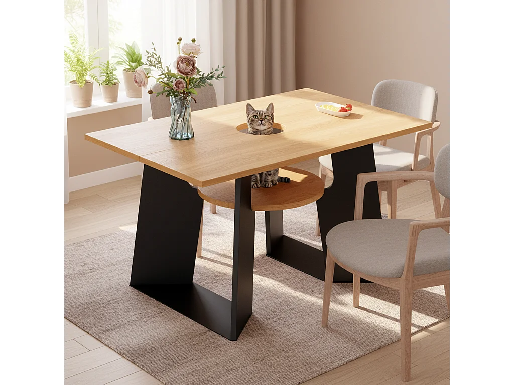 URBAN MEUBLE Table de salle à manger rectangulaire effet chêne clair conviviale pour animaux de compagnie et étagère centrale 130×85×75cm