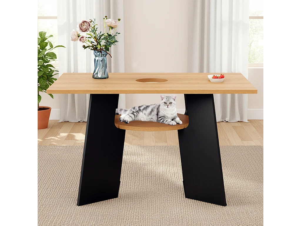 URBAN MEUBLE Table de salle à manger rectangulaire effet chêne clair conviviale pour animaux de compagnie et étagère centrale 130×85×75cm