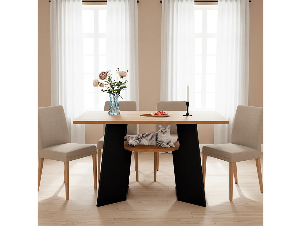 URBAN MEUBLE Table de salle à manger rectangulaire effet chêne clair conviviale pour animaux de compagnie et étagère centrale 130×85×75cm
