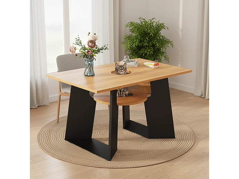 URBAN MEUBLE Table de salle à manger rectangulaire effet chêne clair conviviale pour animaux de compagnie et étagère centrale 130×85×75cm