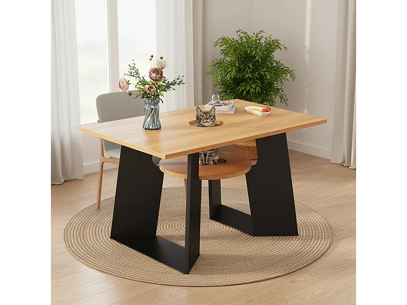 URBAN MEUBLE Table de salle à manger rectangulaire effet chêne clair conviviale pour animaux de compagnie et étagère centrale 130×85×75cm