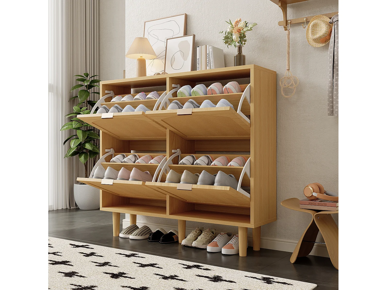 URBAN MEUBLE Meuble à chaussures 4 abattants – Style rotin & bois naturel – 100 cm