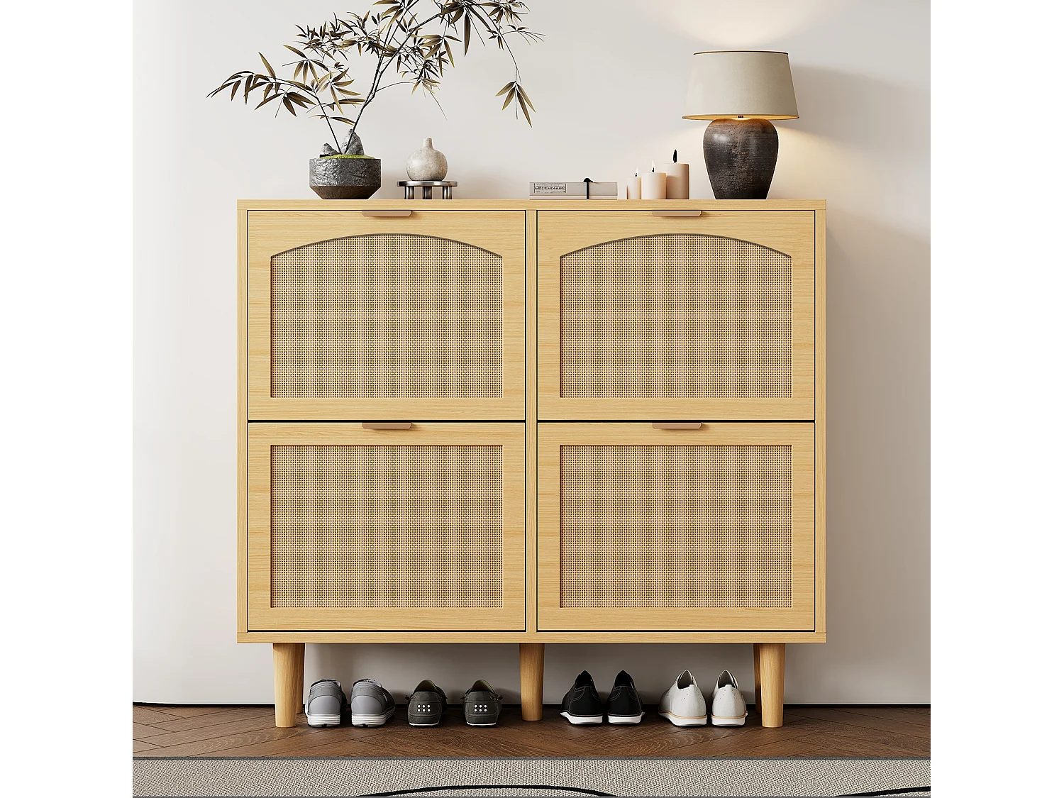 URBAN MEUBLE Meuble à chaussures 4 abattants – Style rotin & bois naturel – 100 cm