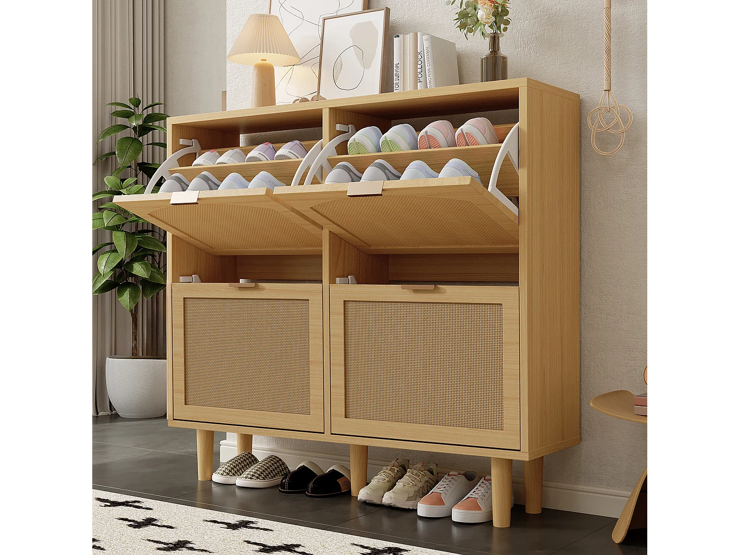 URBAN MEUBLE Meuble à chaussures 4 abattants – Style rotin & bois naturel – 100 cm