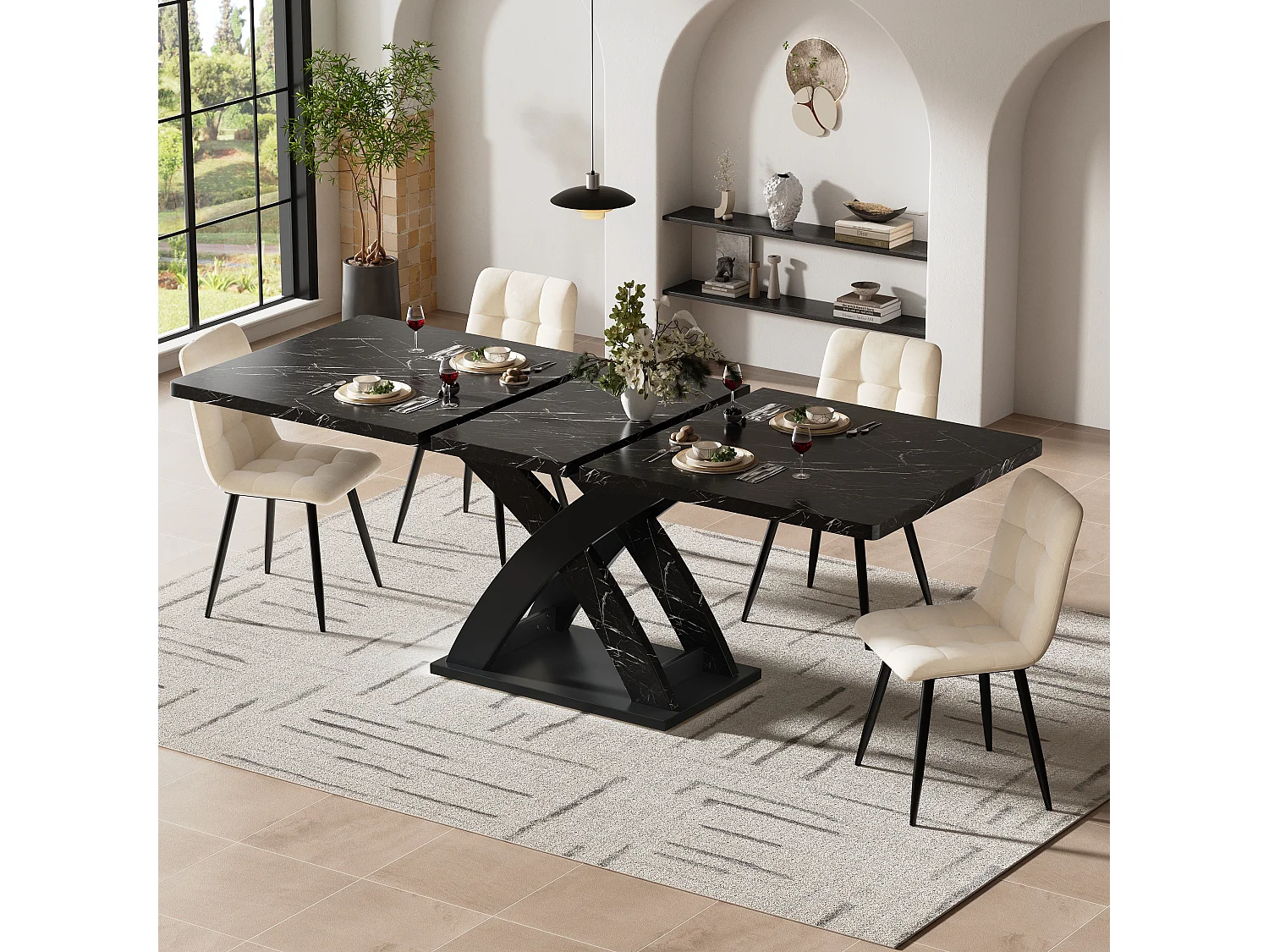 URBAN MEUBLE Table à manger extensible effet marbre noire 120-160cm pieds croisés