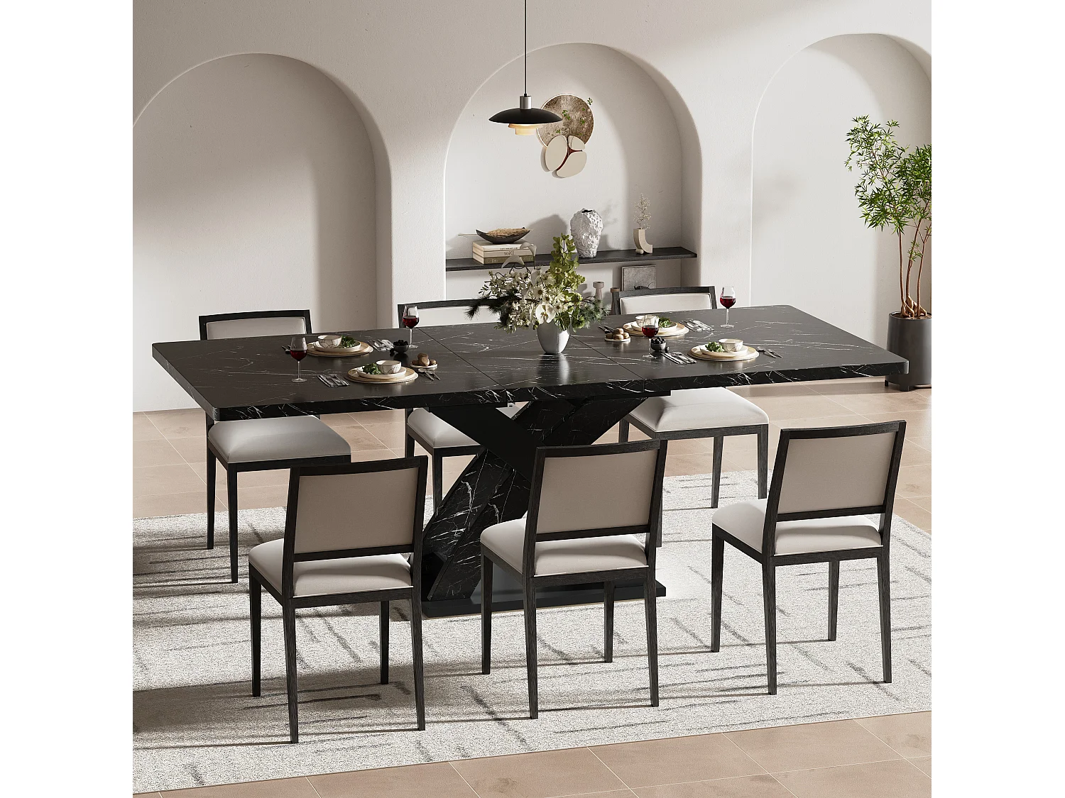 URBAN MEUBLE Table à manger extensible effet marbre noire 120-160cm pieds croisés