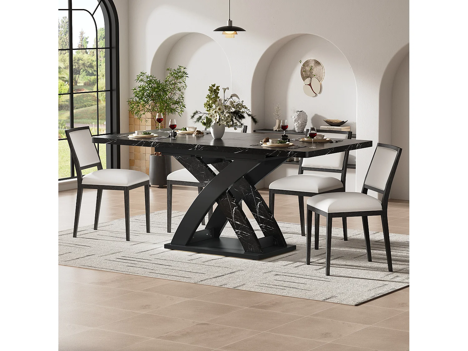 URBAN MEUBLE Table à manger extensible effet marbre noire 120-160cm pieds croisés