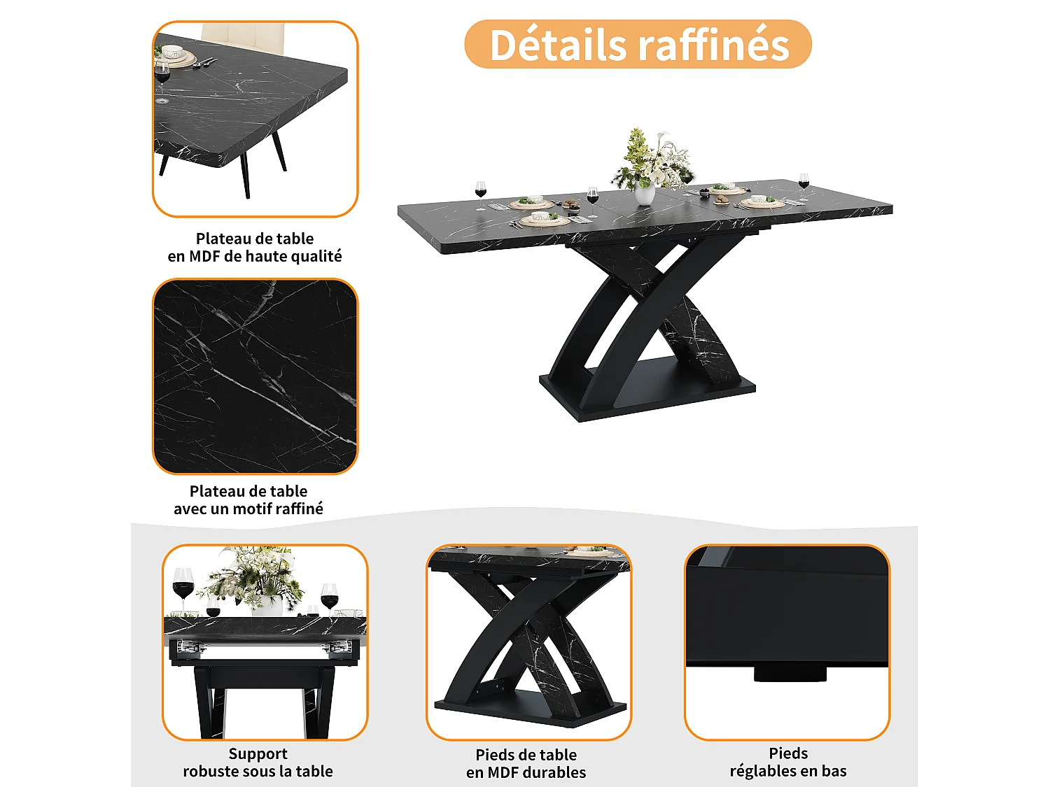 URBAN MEUBLE Table à manger extensible effet marbre noire 120-160cm pieds croisés
