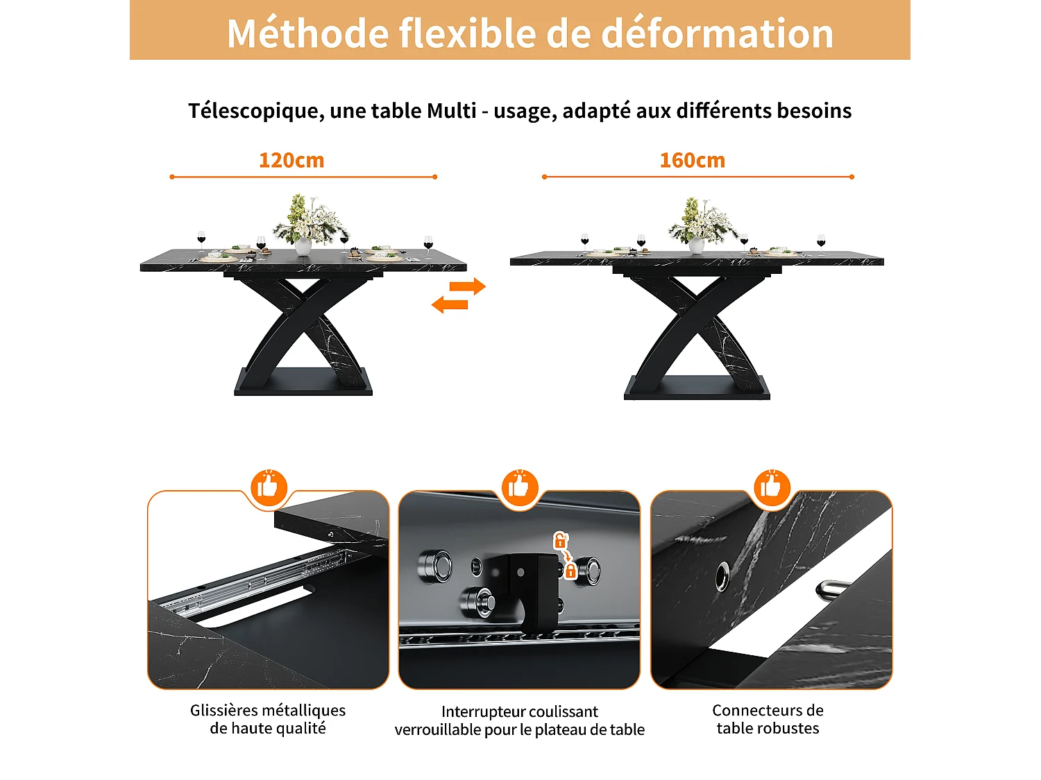URBAN MEUBLE Table à manger extensible effet marbre noire 120-160cm pieds croisés