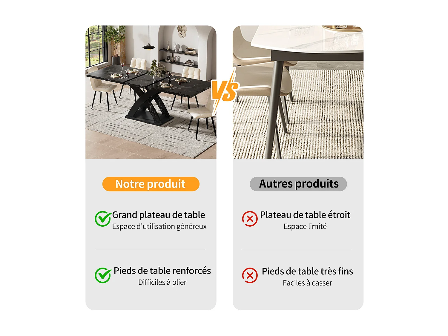URBAN MEUBLE Table à manger extensible effet marbre noire 120-160cm pieds croisés
