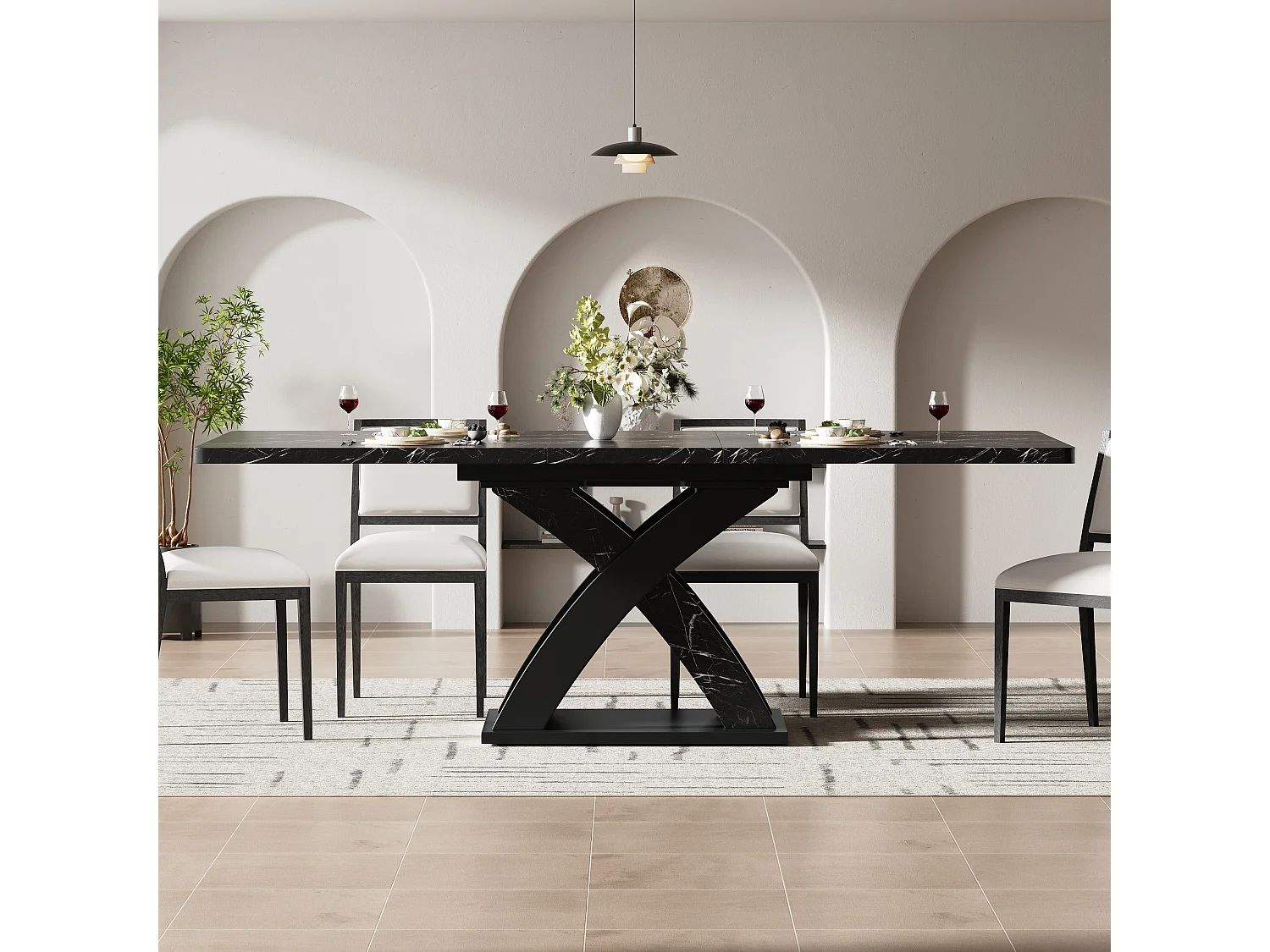 URBAN MEUBLE Table à manger extensible effet marbre noire 120-160cm pieds croisés