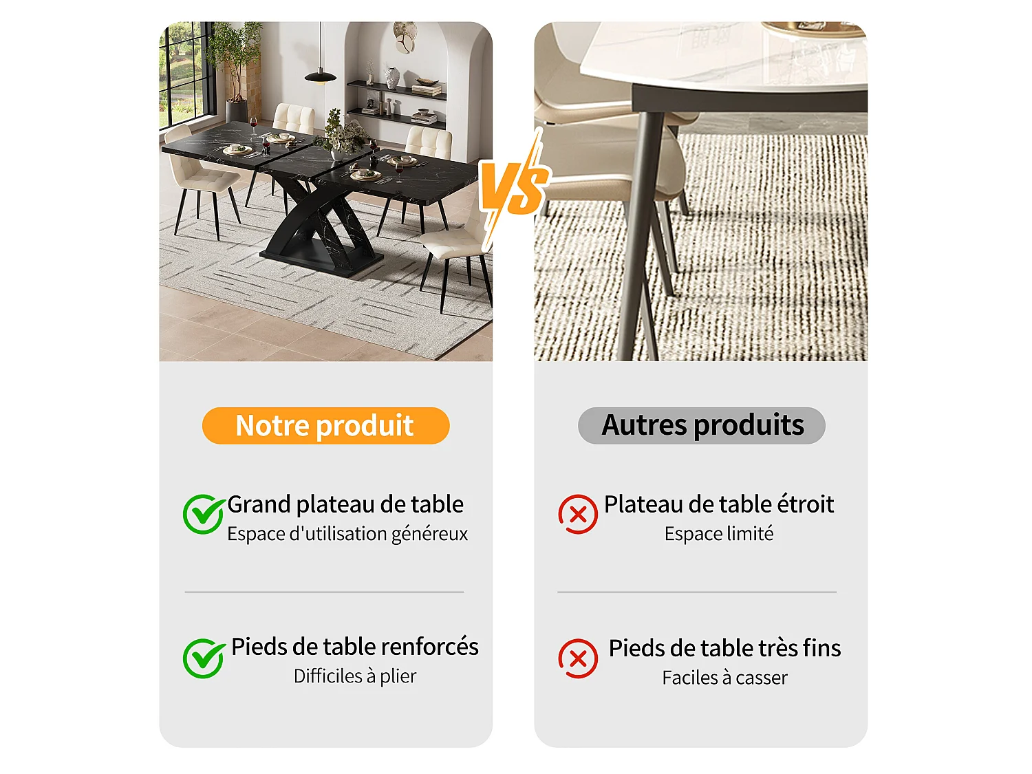 URBAN MEUBLE Table à manger extensible effet marbre noire 120-160cm pieds croisés