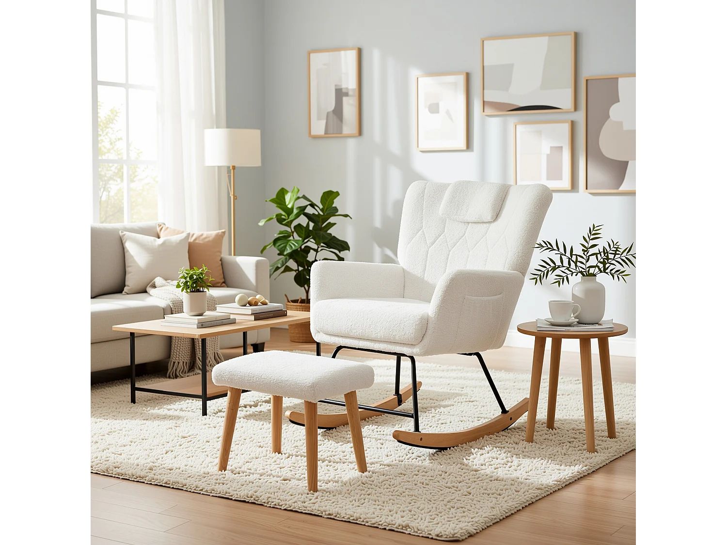 URBAN MEUBLE Fauteuil à bascule en tissu teddy blanc avec coussin de nuque et repose-pieds inclus