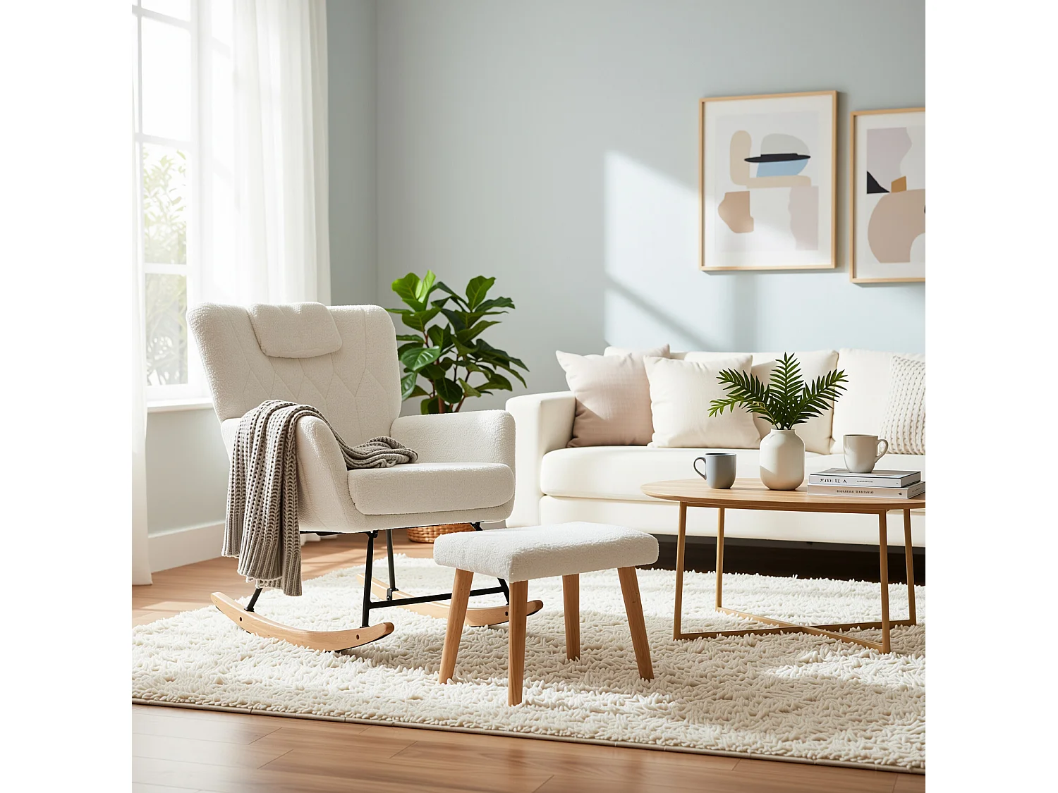 URBAN MEUBLE Fauteuil à bascule en tissu teddy blanc avec coussin de nuque et repose-pieds inclus