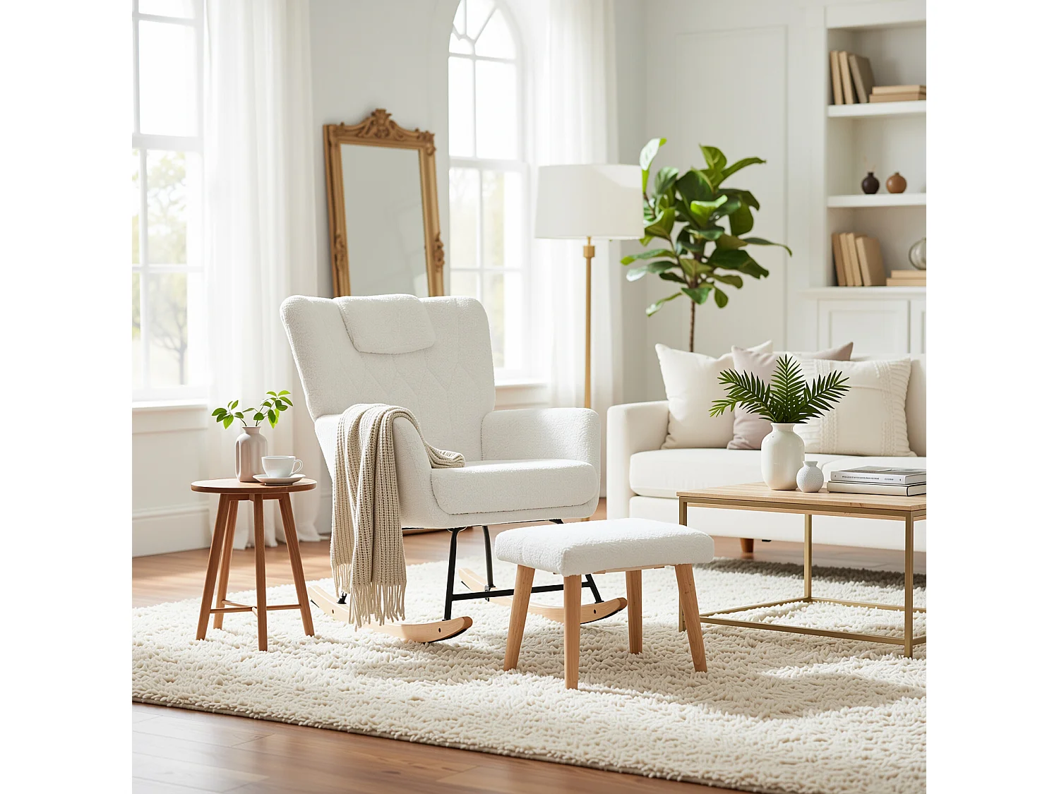 URBAN MEUBLE Fauteuil à bascule en tissu teddy blanc avec coussin de nuque et repose-pieds inclus