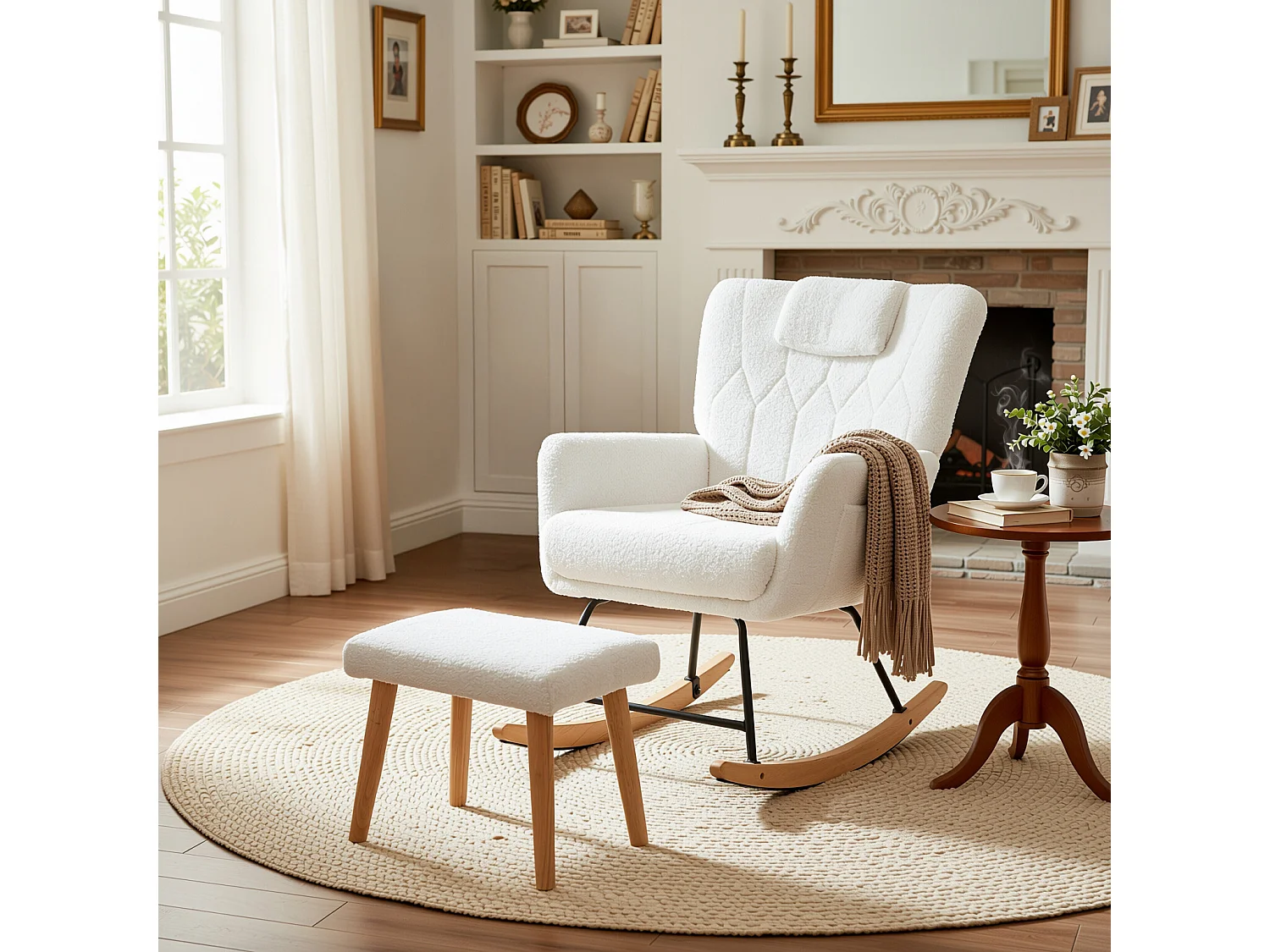 URBAN MEUBLE Fauteuil à bascule en tissu teddy blanc avec coussin de nuque et repose-pieds inclus