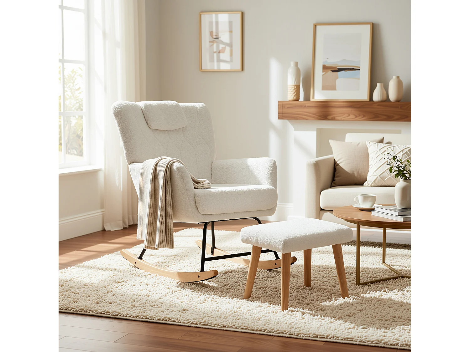 URBAN MEUBLE Fauteuil à bascule en tissu teddy blanc avec coussin de nuque et repose-pieds inclus