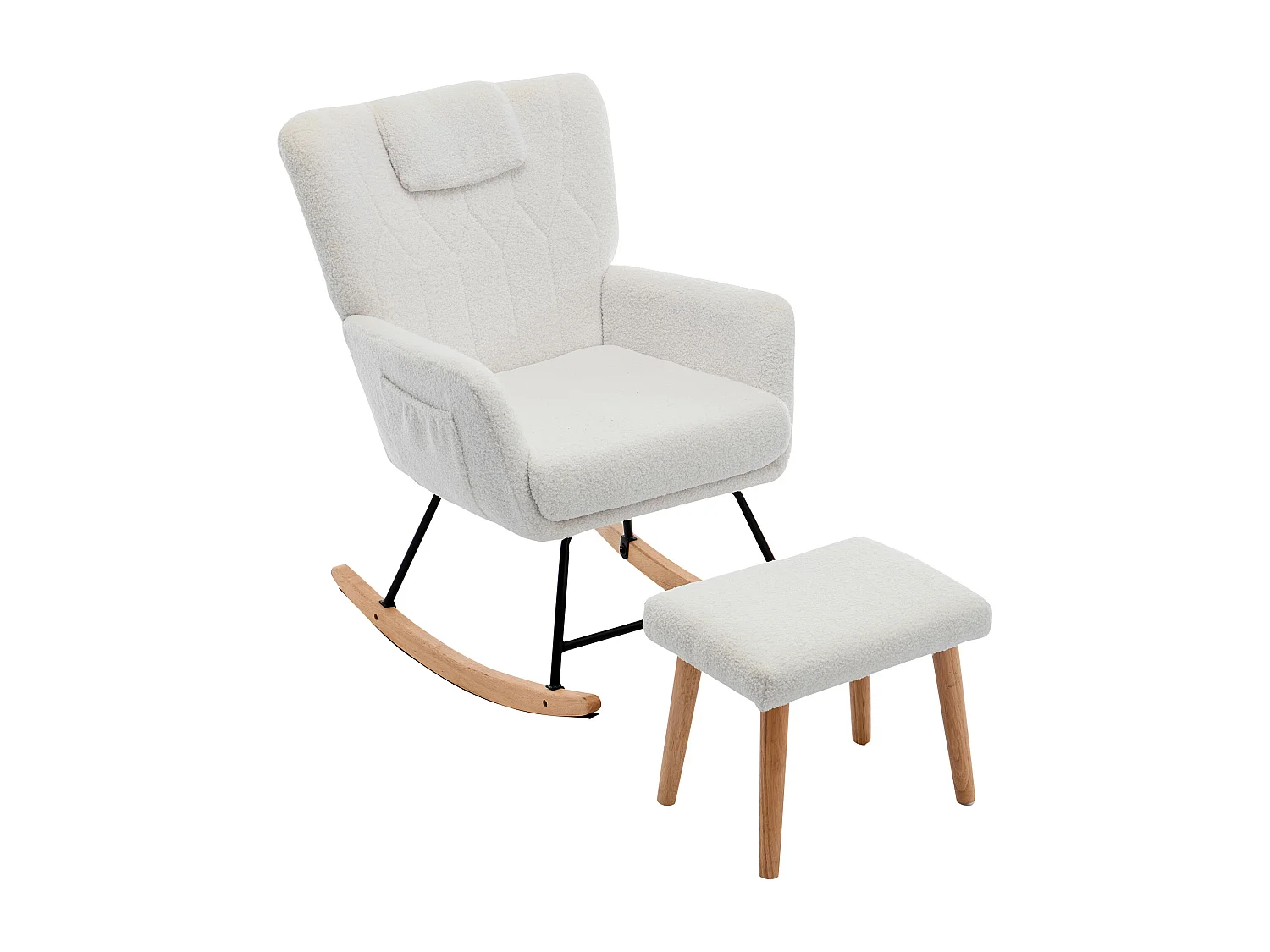 URBAN MEUBLE Fauteuil à bascule en tissu teddy blanc avec coussin de nuque et repose-pieds inclus
