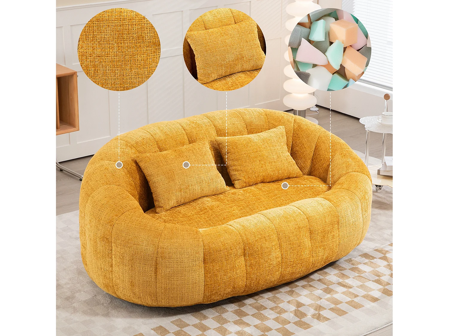 URBAN MEUBLE Canapé compact rond 2 places Loveseat en tissu chenille jaune et 2 cousins