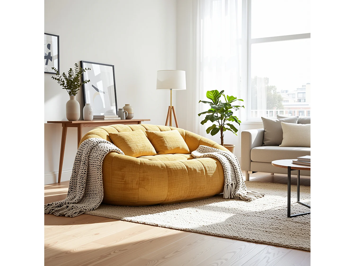 URBAN MEUBLE Canapé compact rond 2 places Loveseat en tissu chenille jaune et 2 cousins