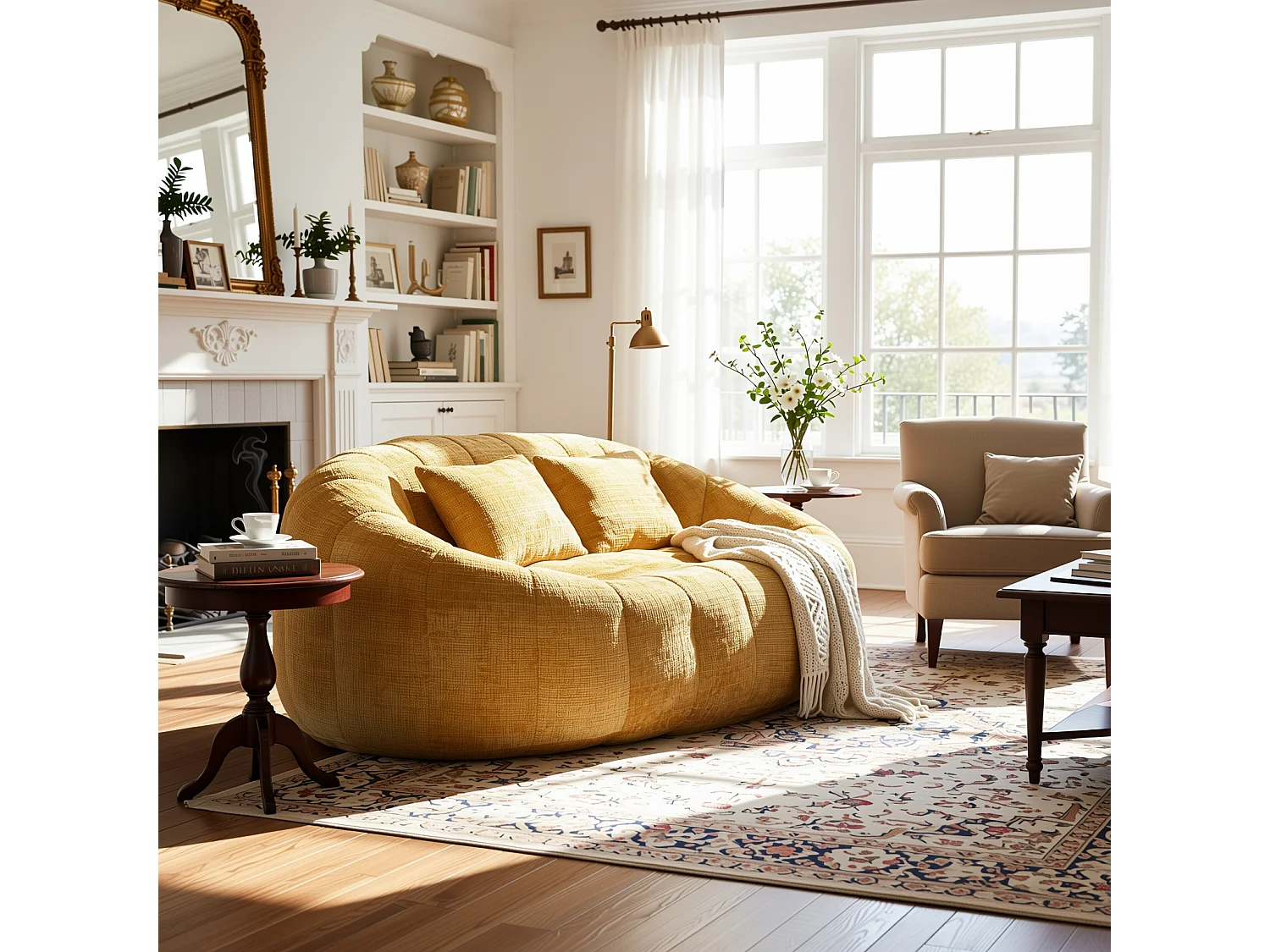 URBAN MEUBLE Canapé compact rond 2 places Loveseat en tissu chenille jaune et 2 cousins