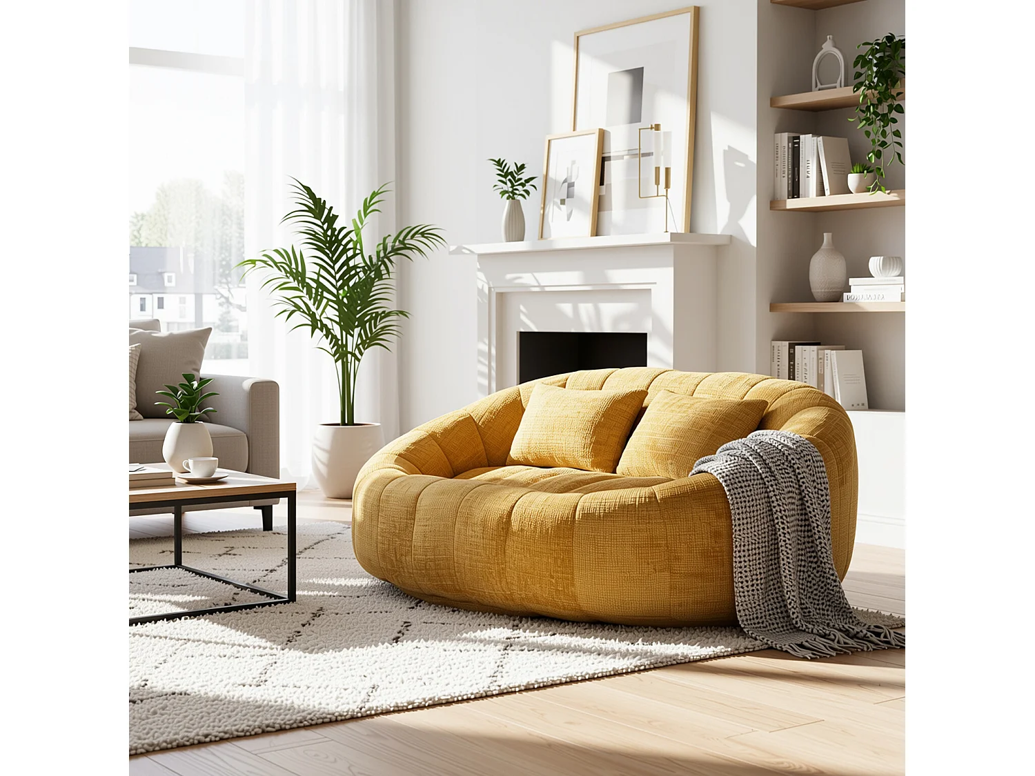 URBAN MEUBLE Canapé compact rond 2 places Loveseat en tissu chenille jaune et 2 cousins