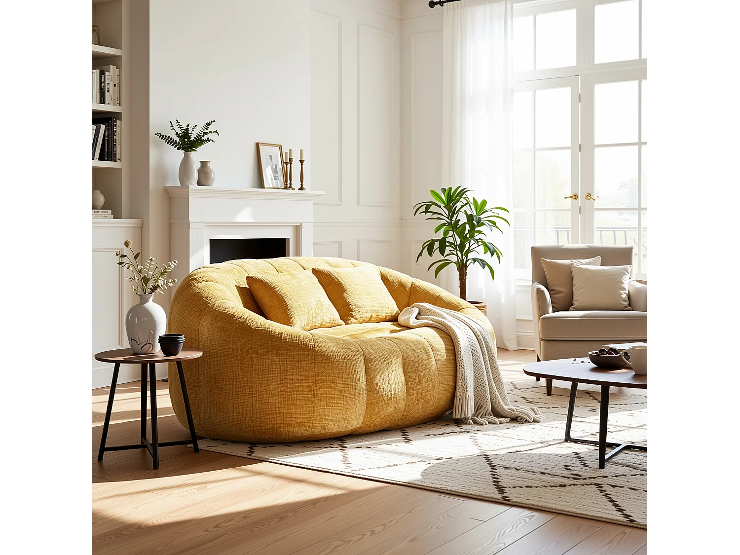 URBAN MEUBLE Canapé compact rond 2 places Loveseat en tissu chenille jaune et 2 cousins